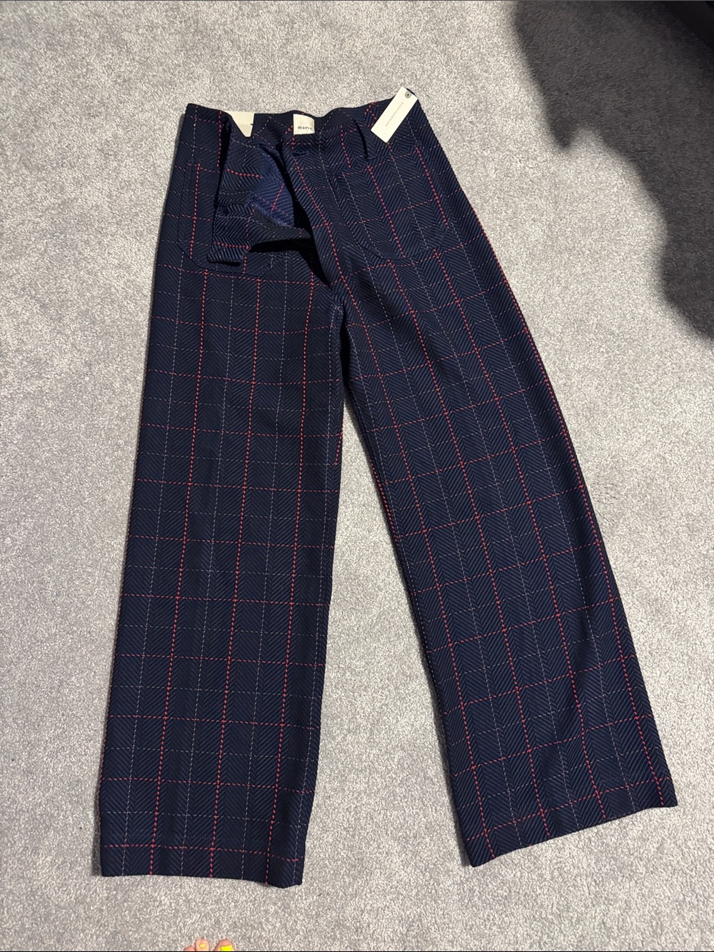 Maeve Navy Wide-Leg Pants with Red Grid Windowpane